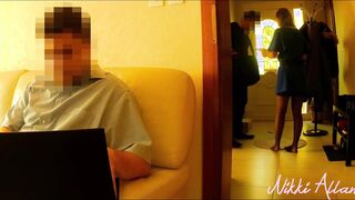 Beauty wifey blows and swallows the delivery man while her hubby works into the next room