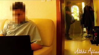 Beauty wifey blows and swallows the delivery man while her hubby works into the next room