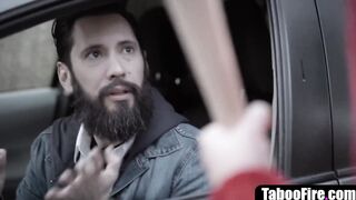 beauty dark hair banged rough by her stalker