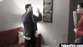 beauty dark hair banged rough by her stalker