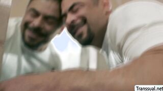 Pervert fat dude gets his ass analed by horny shemale