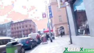 Ukrainian chick Lina Arian gets warmed up into a park and taken home by three men for a gang bang