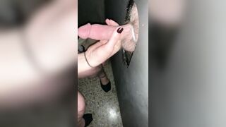 PAWG milf blows younger men dick through gloryhole
