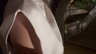 Touching my goddess wifes rough nipples outdoors of the night club, she is braless into outdoor