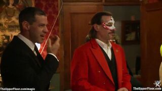 Slaves sucking off long dick at party