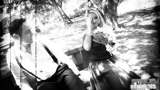 OUTDOOR HANDJOBS Silent sex tape star into peril Christie Stevens jerks penis on railroad tracks