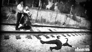 OUTDOOR HANDJOBS Silent sex tape star into peril Christie Stevens jerks penis on railroad tracks