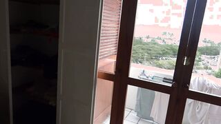 After fucking all night on the beach, stepmom goes to peeing and shows off her long bushy vagina