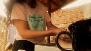 Brittany touches her cunt into the laundry room
