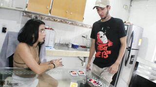 Turned On stepbrother fucking his stepsister's cunt on top of the dining room