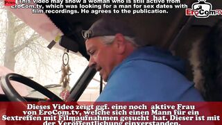 Thin German trainee young woman picked up for a three-way in the car