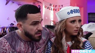 Stepbrothers clothed up for Halloween have an sex party as a ritual of salvation with their beauty stepsisters Macy Meadows and Leana Lovings dig their tight pussies until they cum