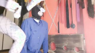 Sperm games. The dom brings used condoms and pours the contents over her sub's oral sex.