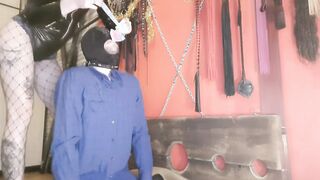 Sperm games. The dom brings used condoms and pours the contents over her sub's oral sex.