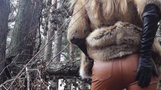 Outdoors sex with red haired eighteen inside winter forest. Risky outside pounded