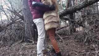 Outdoors sex with red haired eighteen inside winter forest. Risky outside pounded