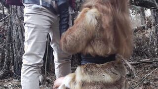 Outdoors sex with red haired eighteen inside winter forest. Risky outside pounded
