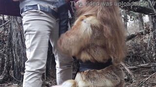 Outdoors sex with red haired eighteen inside winter forest. Risky outside pounded