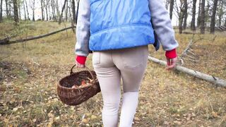 women Into Tight White Jeans Collection Mushrooms Inside The Woods