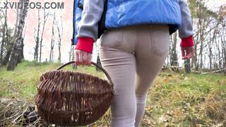 women Into Tight White Jeans Collection Mushrooms Inside The Woods