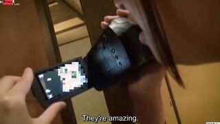 Japanese female employee in tiny towel films unfaithful sex