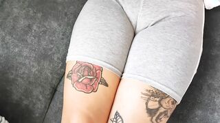 Touching and worshiping a spectacular fat cunt squeezed by her pants