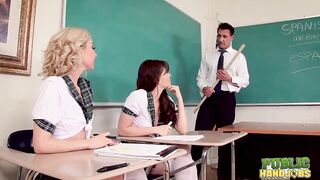 OUTDOORS HANDJOBS Slutty students Alison Rey and Aaliyah Love whip out professor Marco Banderas' rough dick