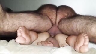Hairy Daddy with hairy legs breeds boy from below