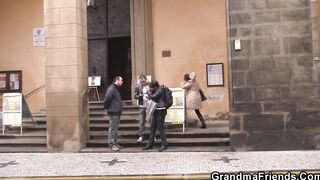 2 friends pick up older old lady from the street
