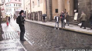 2 friends pick up older old lady from the street