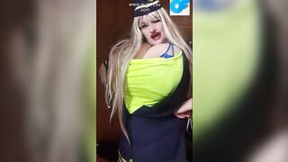 Filthy lady into costume of a stewardess giving joi