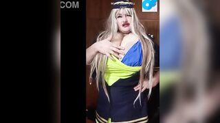 Filthy lady into costume of a stewardess giving joi