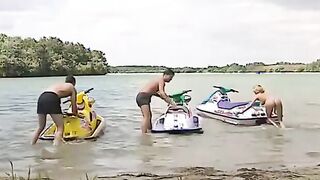 3 guys banged a blonde inside all holes on the beach