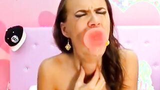 Chick with beautifull eyes deepthroating pink dildo 2 DTD