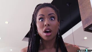 Neglected african Goddess Kira Noir fucking the big black cock delivery dude next to her boyfriend