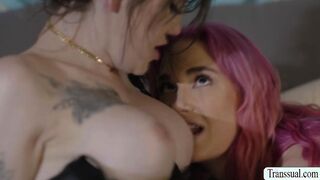 Pink haired babe fucked by TS stepsister