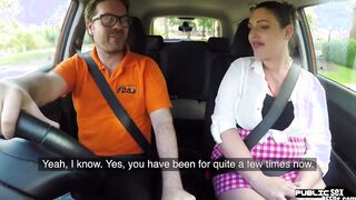 Vehicle instructor fucks dark hair BBW into soak snatch inside vehicle
