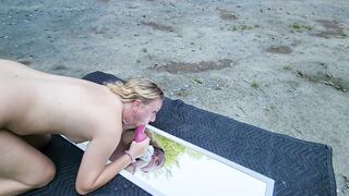 Knotty Little Nude Bimbo Gags and Pukes Sucking Off a Realistic Knotty Sex Toy on a Mirror inside Outdoor