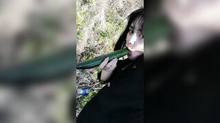 The whore get too vulgar and started to plowed herself with a cucumber inside outdoor