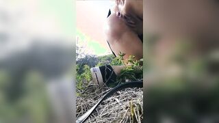 The whore get too vulgar and started to plowed herself with a cucumber inside outdoor