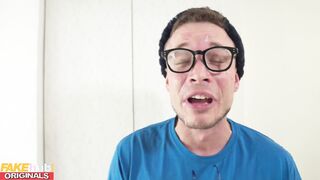FAKEhub - Goddess Punjab British performer with long booty and tiny boobs licks the cum of dorks glasses after he accidentally jizzes on his own face