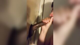 Sucking BBC at the glory hole with CIM and swallow