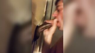 Sucking BBC at the glory hole with CIM and swallow