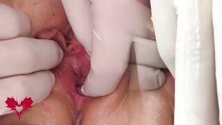 Close up cunt play with the huge red vibrator.