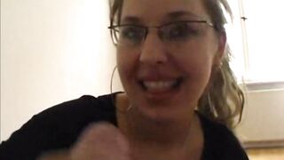 Bombshell blonde twat with mouth with glasses gives hand job cummed