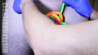 Small Heterosexual dick and nuts bound up with monkey noodles / noodlies tiny genitals covered!