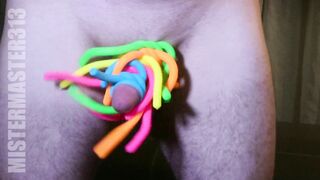Small Heterosexual dick and nuts bound up with monkey noodles / noodlies tiny genitals covered!