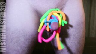 Small Heterosexual dick and nuts bound up with monkey noodles / noodlies tiny genitals covered!