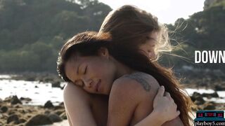 Big natural tits lesbian babes beach fun