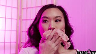 Two shemales tag team Asian teen girl